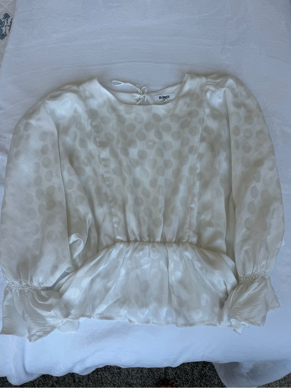 BB Dakota White Sheer Polka Dot Peplum Top